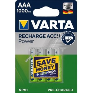 Varta Power Batteri Ready2Use Micro AAA HR03 LR03 4er Blister 1000mAh