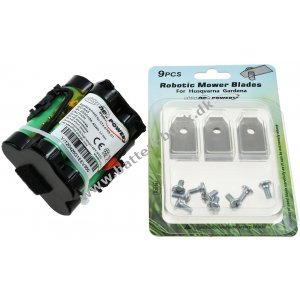 PowerBatteri til Robotplneklipper Gardena R70Li / R40Li / R45Li / R38Li inkl. 9x Ersatz Messer Klingen