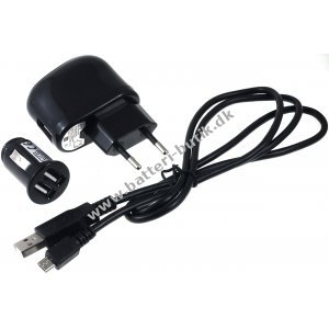 USB-Strømforsyning 2,1A + 2.0 High-Speed USB-Kabel med Micro-USB & Bil-Ladeadapter 2x USB