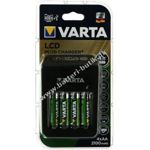 Varta Stiklader / Lader med LCD-display og USB inklusive 4x Varta AA Batteri R2U 2100mAh