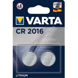 Lithium Knapcelle, Batteri Varta CR 2016, IEC CR2016, erstatter ogs DL2016, 3V 2er Blister