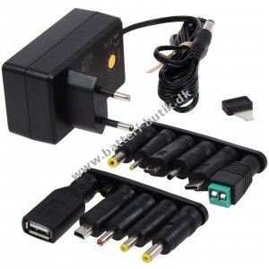 Universal-Strømforsyning inkl. 1 USB-C, USB-A, Micro-US B, Mini-USB- og 7 DC Adapter 3V-12V max. 12W