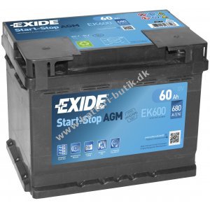 Startbatteri til Ndstrmsgenerator Exide EK600 AGM Batteri 12V 60Ah